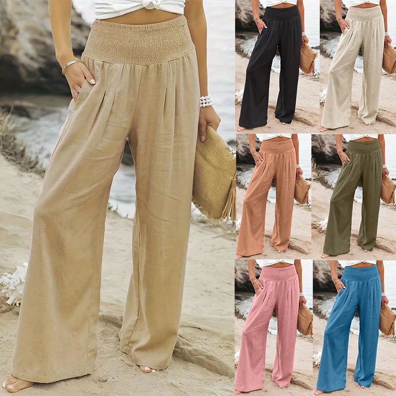 Popular Spring Autumn Women Casual Wide Leg Pants Solid Color Cotton Linen Mid Waist Trousers