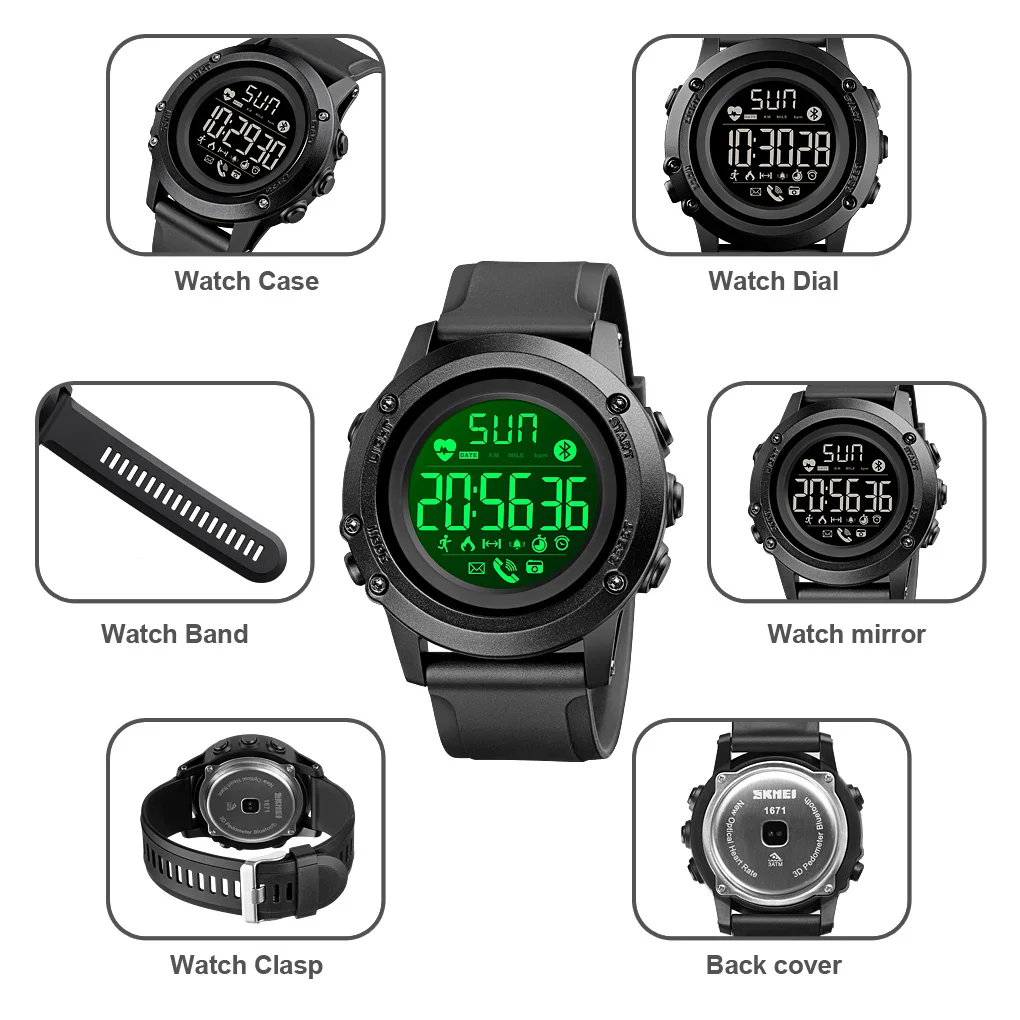 SKMEI 1671 Heart Rate Monitor Watch Waterproof Sport Smart Watch