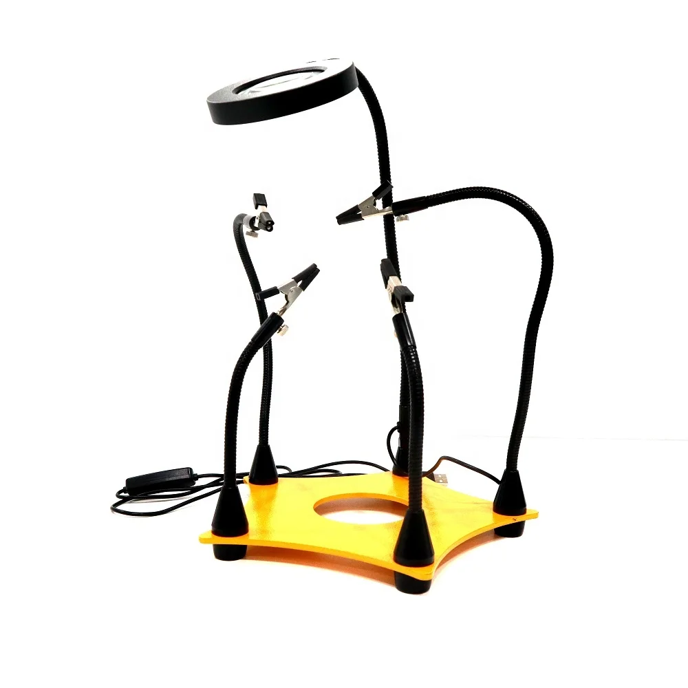 Helping Third Hand Tool Magnifier, Soldering Station Iron Led Magnifying Glass With Clamp,Five Arms Hands Non-slip weighted base