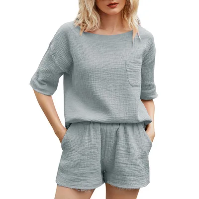 Summer fashionable home set women 2 piece set ladies cotton linen outfit with pocket for lady short sleeve and short pant