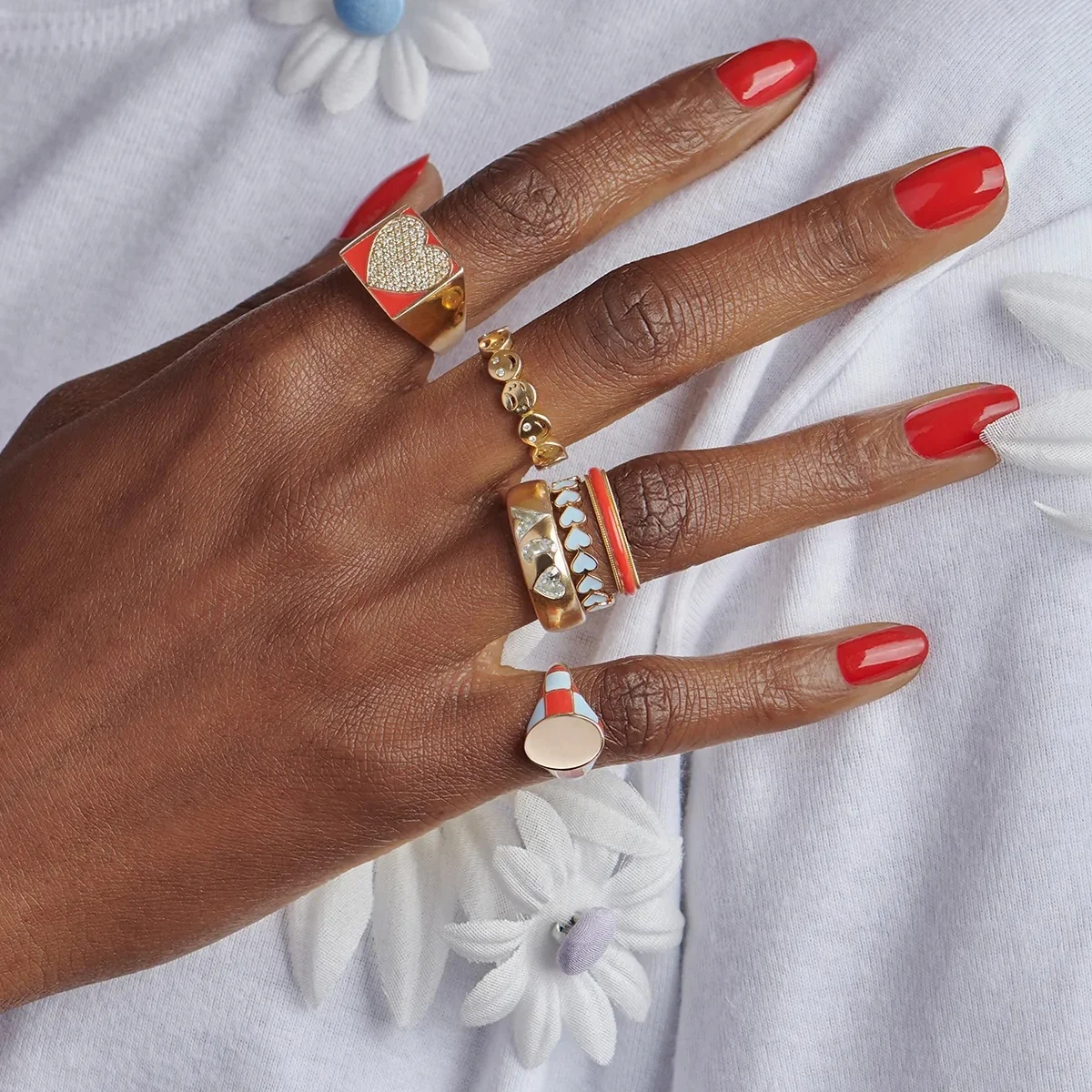 LOZRUNVE 925 Silver Fashion Jewelry Personalized Enamel Heart Signet Ring Set for Women