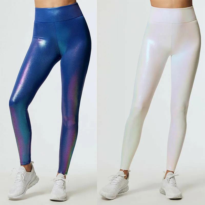 2021Custom Label Gym Glitter Shining Liquid Leather Leggings High Waist Yoga Club Leggings Womens Leggins