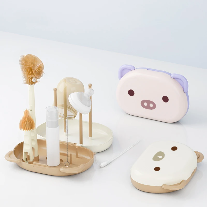 3 In 1 Baby Water Bottle Cup Cleaning Silicone Brush Set 360 Degree Rotating Straw Nipple Nylon Brush With Storage Drying Rack