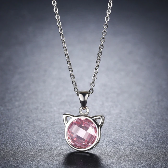 
Most popular products cat pink stone design 925 Sterling silver Pink CZ diamond stone necklace 