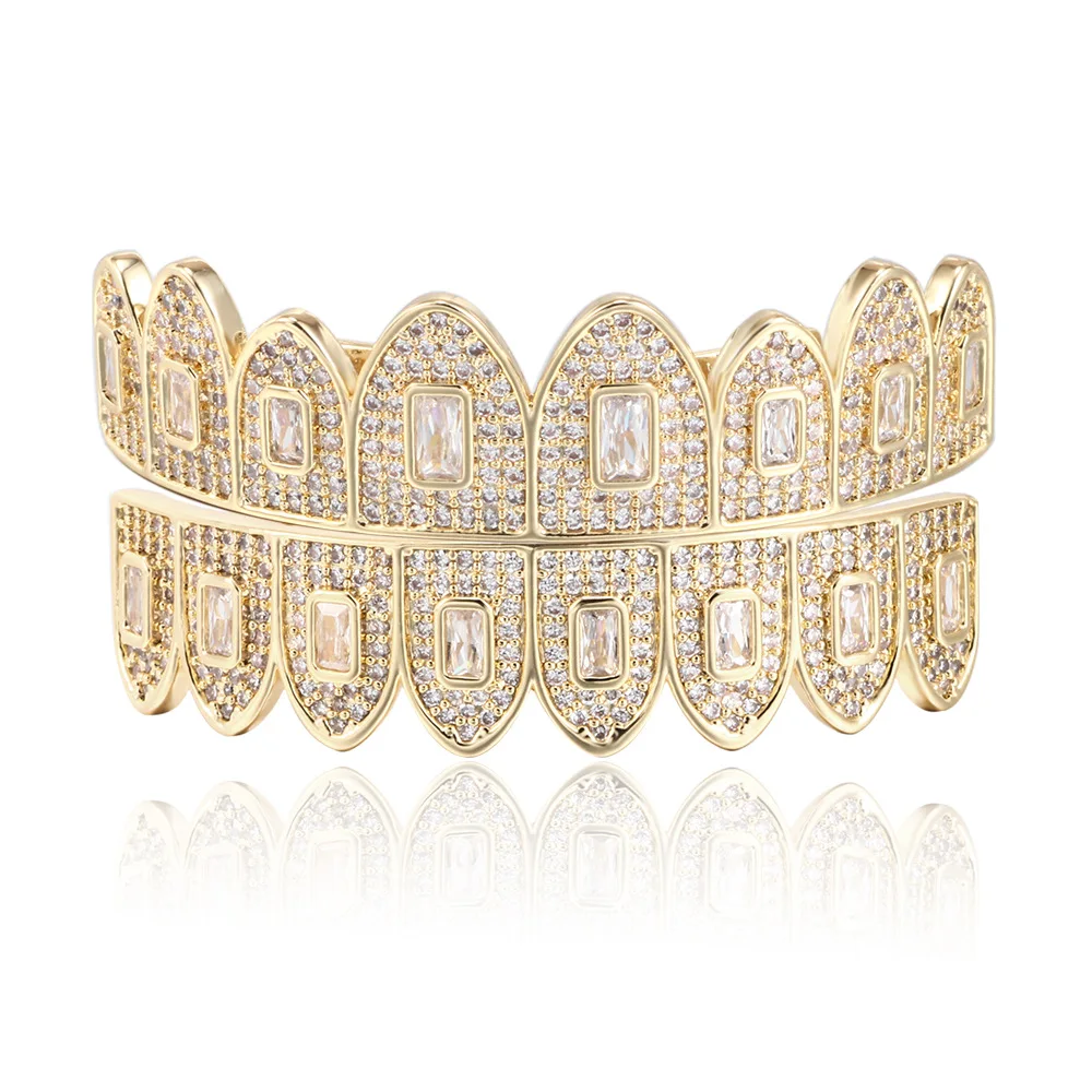 Wholesale 14K White Gold Plated Mouth Grillz Hip Hop Iced Cubic Zirconia Teeth Grillz Diamond Top&Bottom Grillz For Men