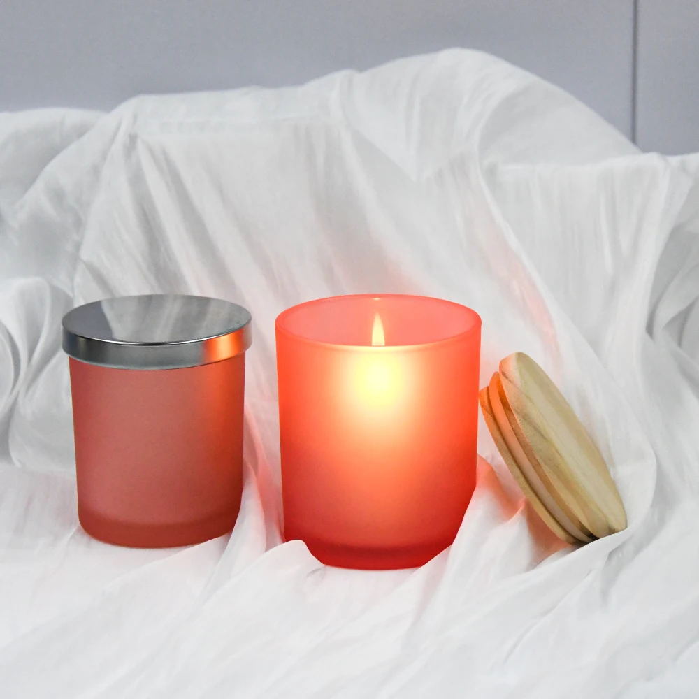 Luxury 7oz 10oz 14oz Pink Frosted Glass Candle Container In Bulk Candle Holder With Bamboo Lid For Candle Making