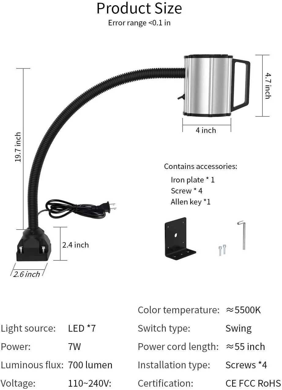 6W 7W 9W 10W 14W 18W Machine Work Light 220V LED Flexible Gooseneck Light 24V 36V Waterproof CNC Work Light 50cm