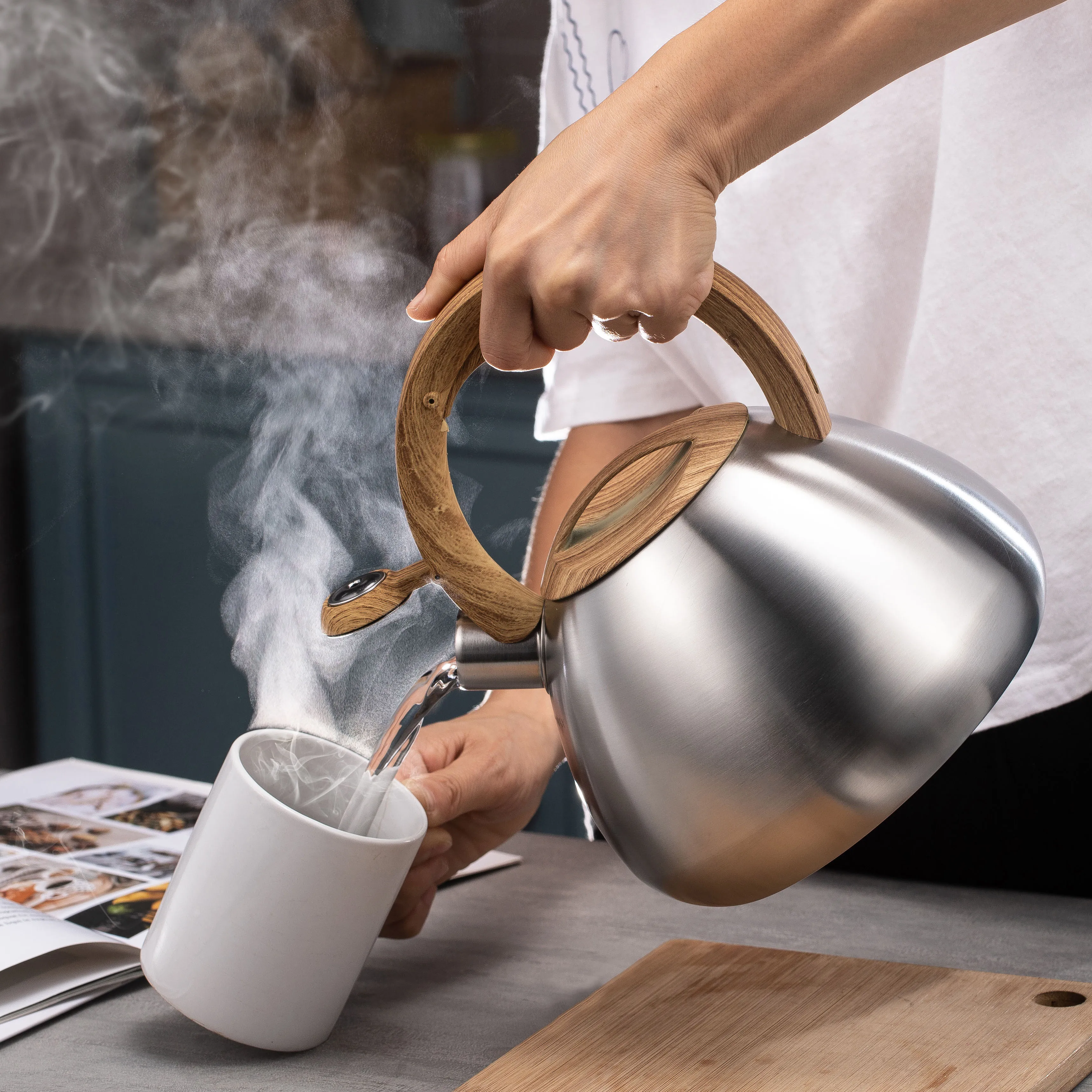 Home Water Kettle Wooden Handle Stovetop Teapot Kitchen Stainless Steel Whistling Tea kettle