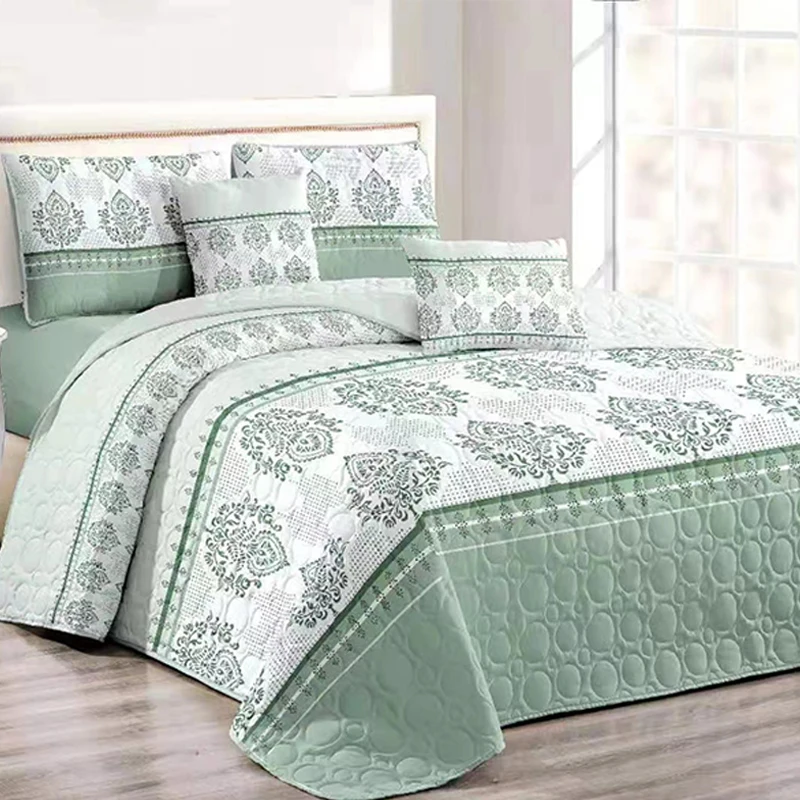 Fashion amazon hot sales quilted bedspread print bed spread set luxury green quilted king