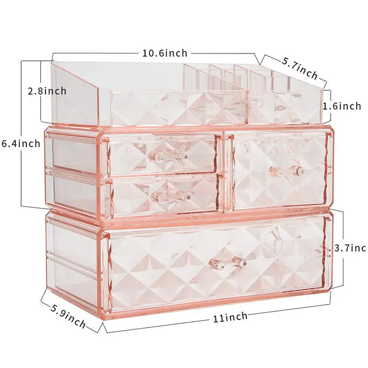 Choice Fun Wholesale Pink Diamond Pattern Clear Makeup Organizer Storage Box Cosmetic Storage Box