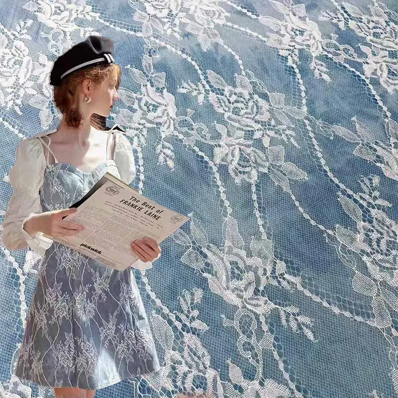 New arrivals 80% cotton 20% viscose jeans denim lace composite fabric cotton woven denim embroidery fabric