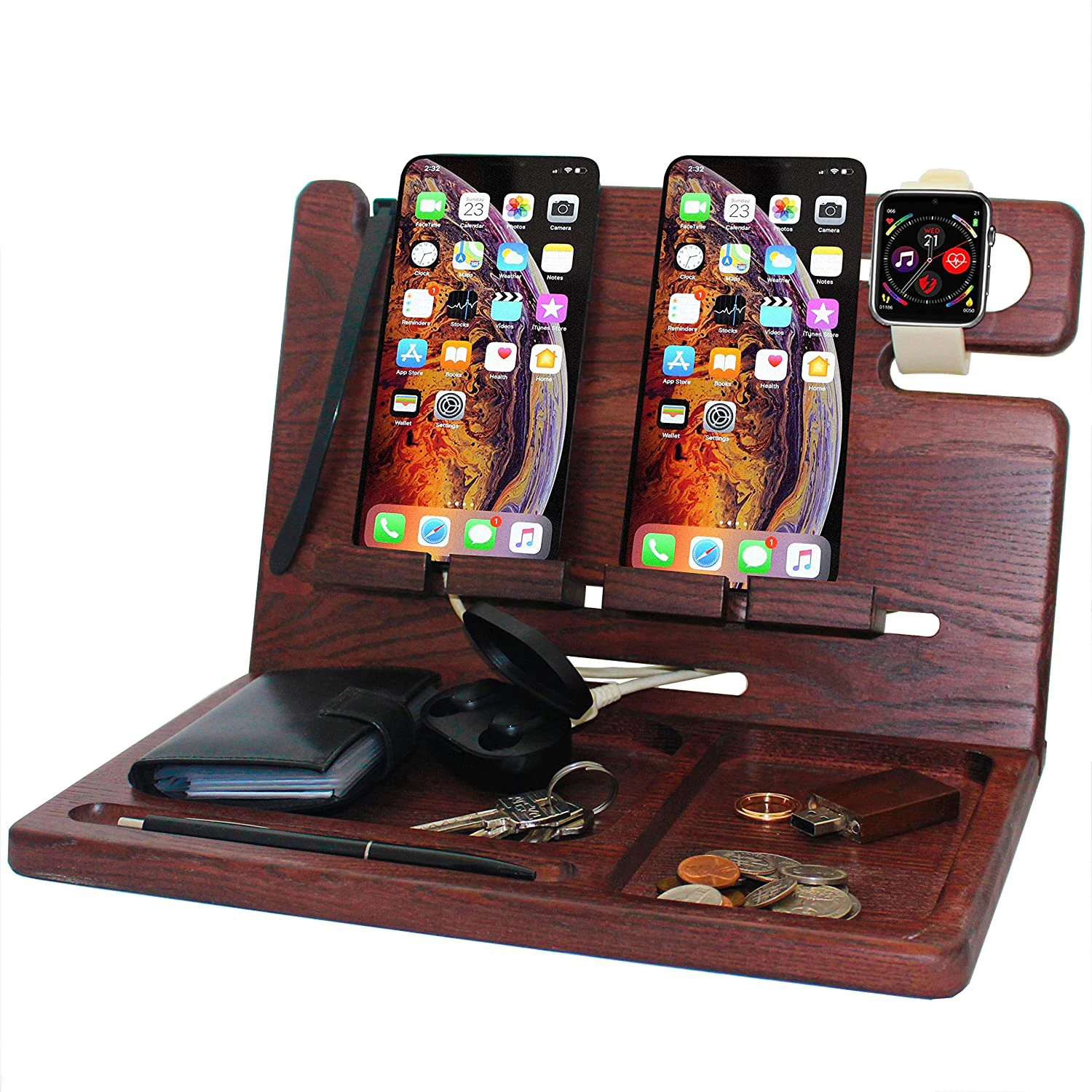 Wood Docking Station Tray Two Cell Phone Smartwatch Holder Men Charging Accessory  Nightstand Father Mobile Gadget Organizer