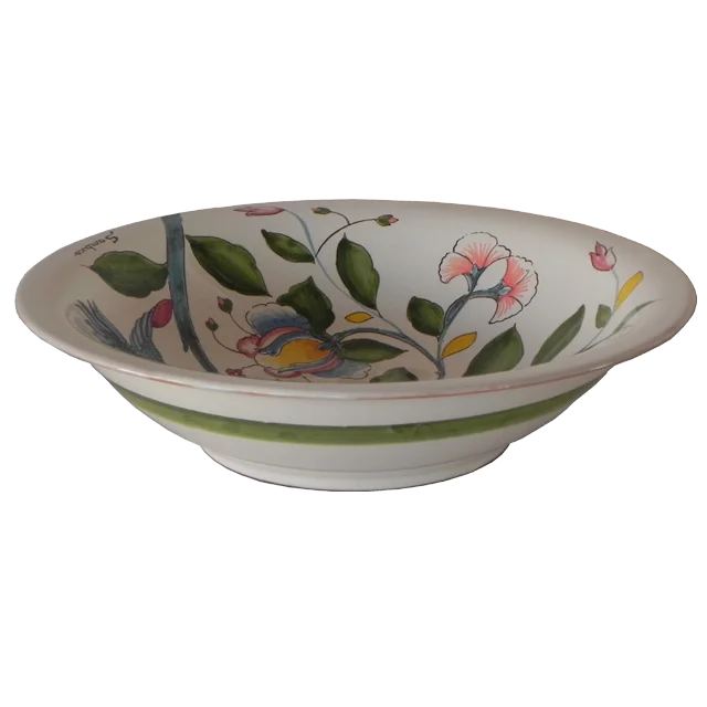 32CM / 12.6IN CERAMIC ROUND BOWL WITH BIRD AND FLOWER HANDMADE IN ITALY