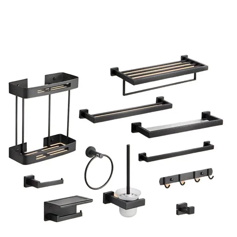 Hotel High Quality Bathroom Hardware Accessories Sets Stainless Steel Square Matt Black Color Bathroom Accessories For Hot