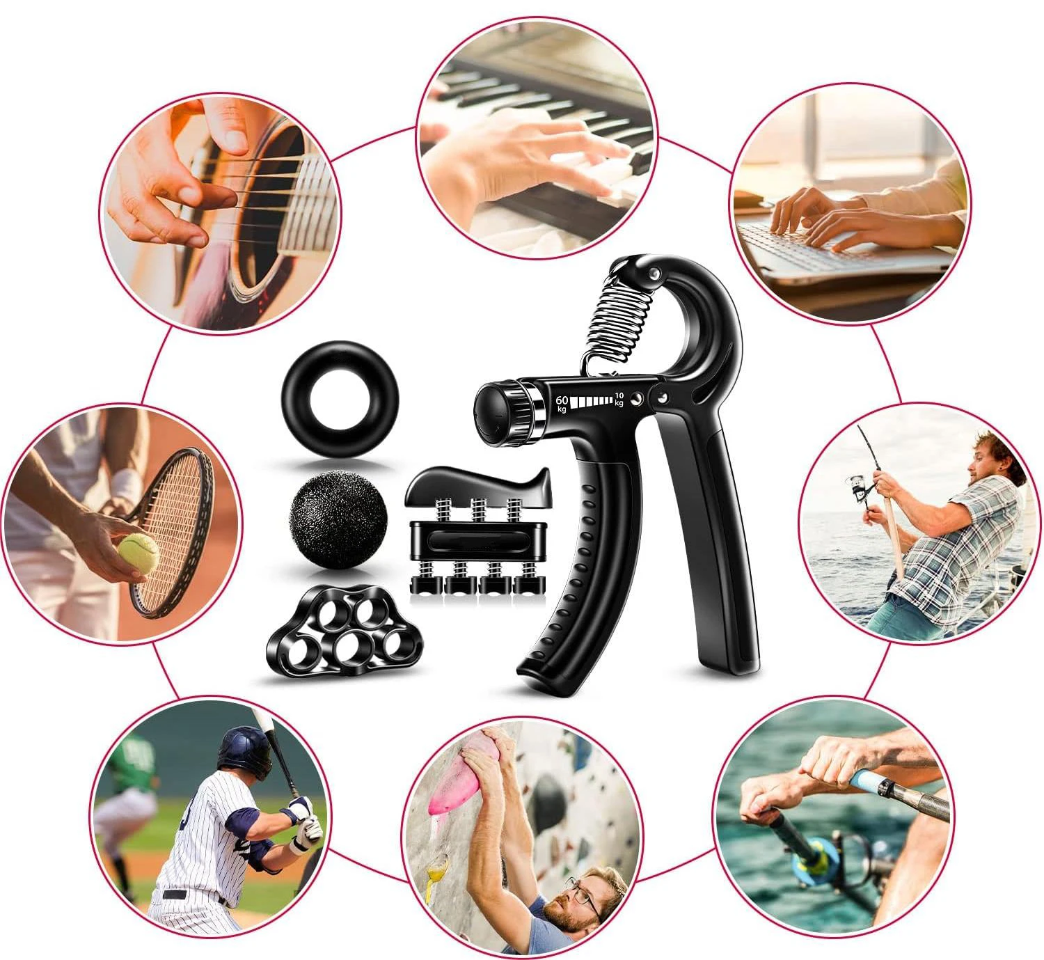 5 Pack Adjustable Exercise Hand Grip Strengthener Forearm Strength Trainer Finger Exerciser Gripper Set