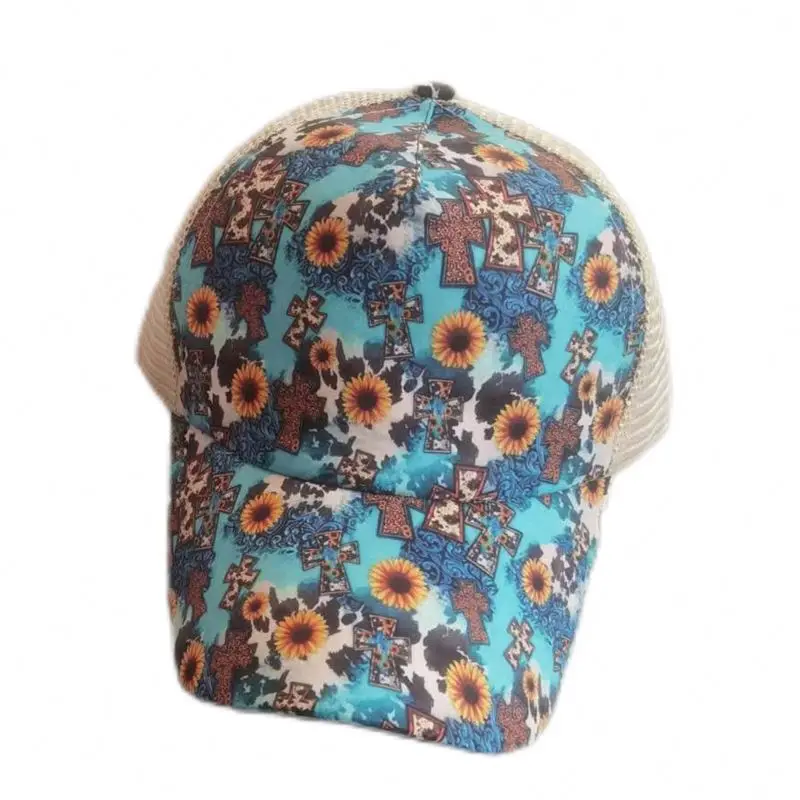 A 272 Woman Sports Baseball Cap Messy Buns Washed Cotton Trucker Mesh Hats Cactus Sunflower Cross Distressed Ponytail Hats