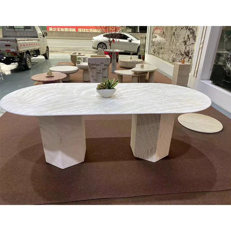 Travertine Marble Turkish Dining Table Natural Stone Travertine White Dining Table With Column Table Base