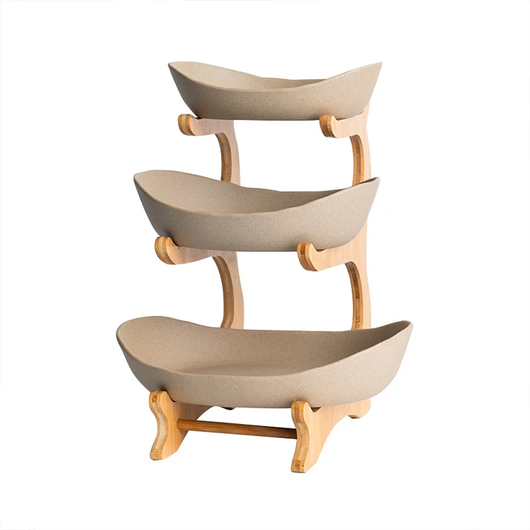 Household Bamboo Wooden Racks 3 Layers Food Container Dish Pottery Ceramic Plate for Salad Vegetable Fruits Nuts Snacks