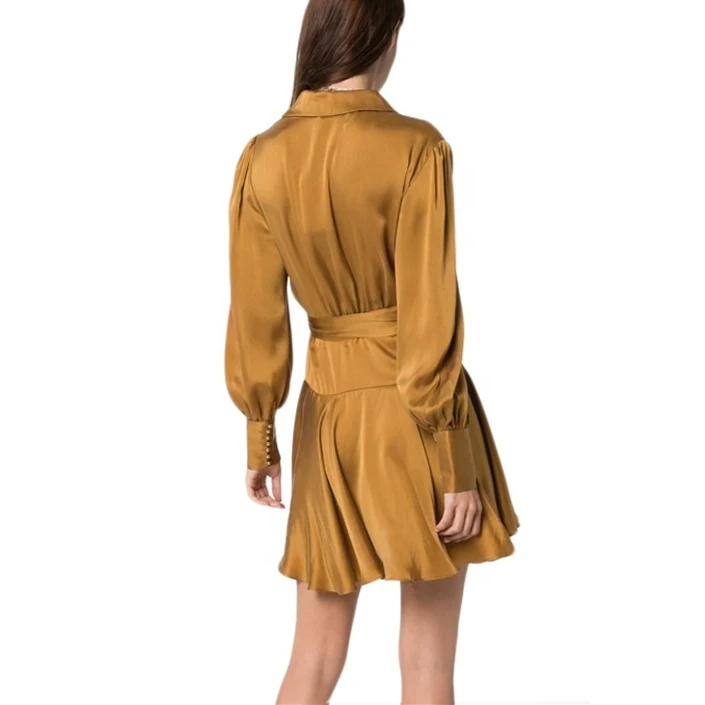 
Fashion Design Women Casual V-Neck Sexy Silk Satin Belt Tie Mini Dress 2020 <span style=