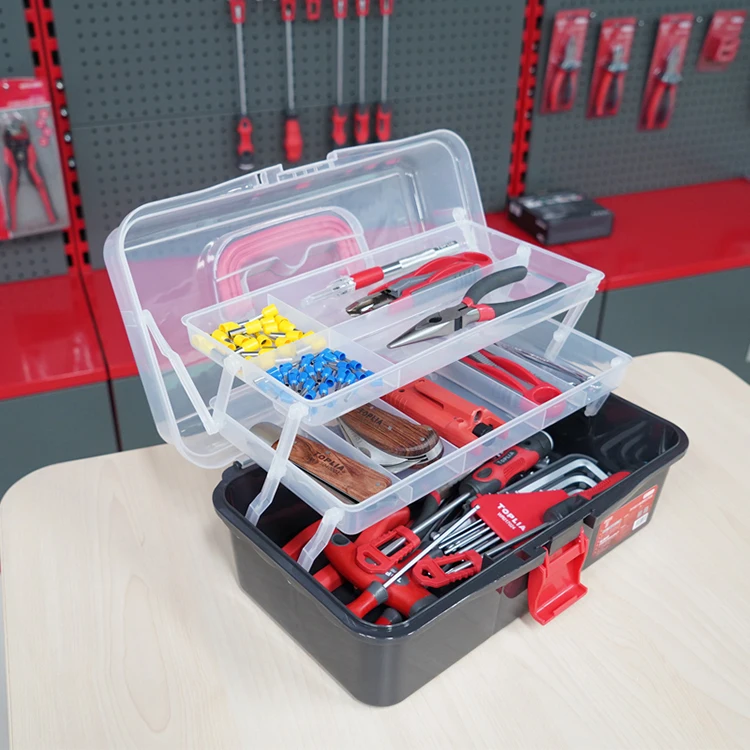 13 Inches Multifunctional Toolbox Tool Box Transparent PP Plastic High Quality OEM Red Hidden Hard Plastic Cargo Box Rolling