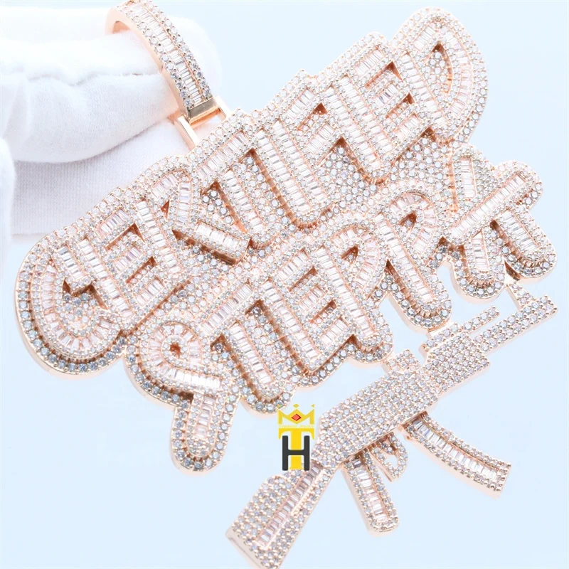 Custom hiphop pendant iced cz diamond jewel 925 silver copper rose gold men gun letter charm pendant