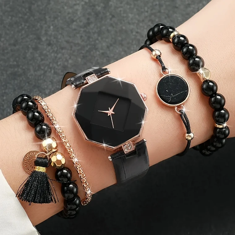 NJC Elegant Rhombus Dial 5pcs Ladies Quartz Watches Sets Rhinestone Leather Black Wrist Watch With Beads Bracelets Set