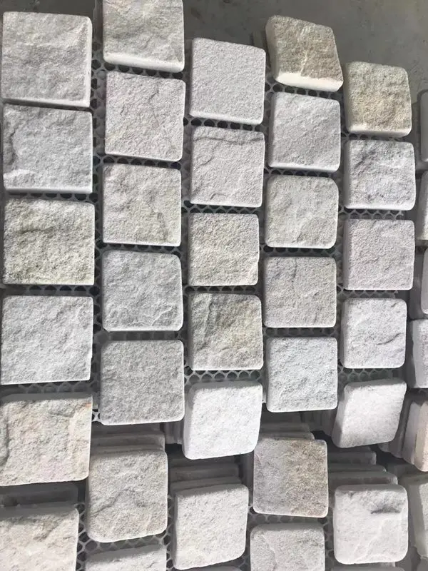 Tumbled brick bond design square white sandstone cobblestone on mesh for patio flooring