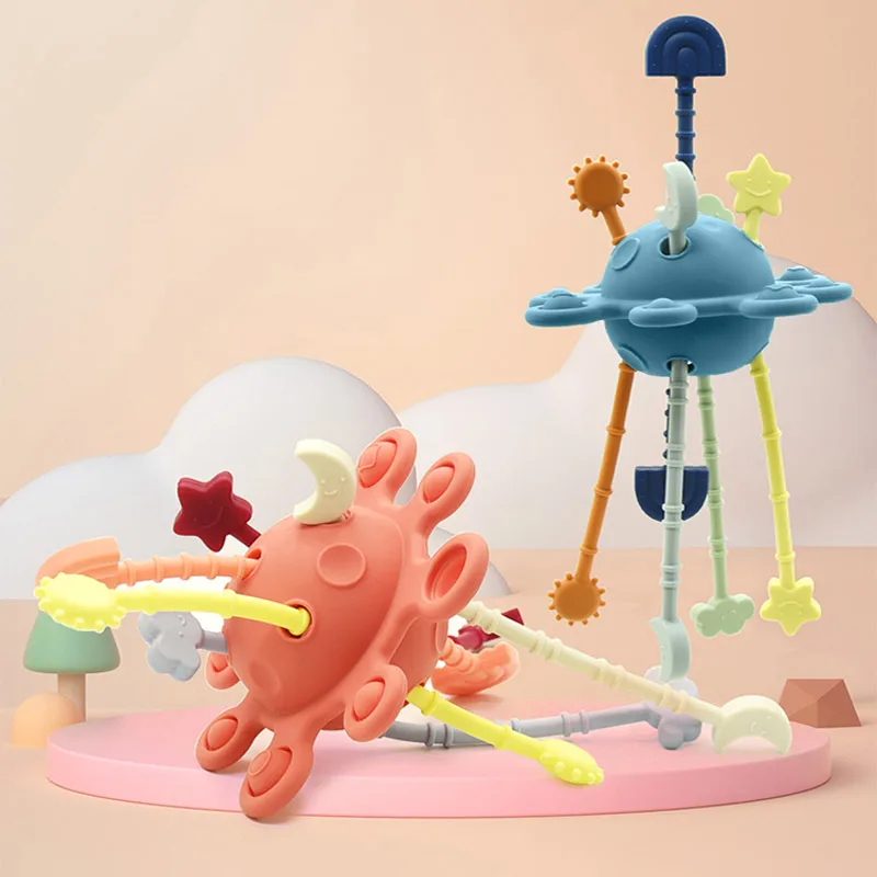 Feed Grade Free Bpa Baby Silicone Toy String Interactive Toy Sensory Montessori Travel Pull String Toys