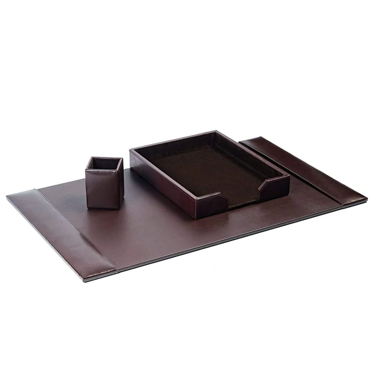 Best Gift Excellent Handmade Leather Office Accessories Desk Leather Stationery Custom Navy Blue Bonded 3-PIECE Leather Desk Set