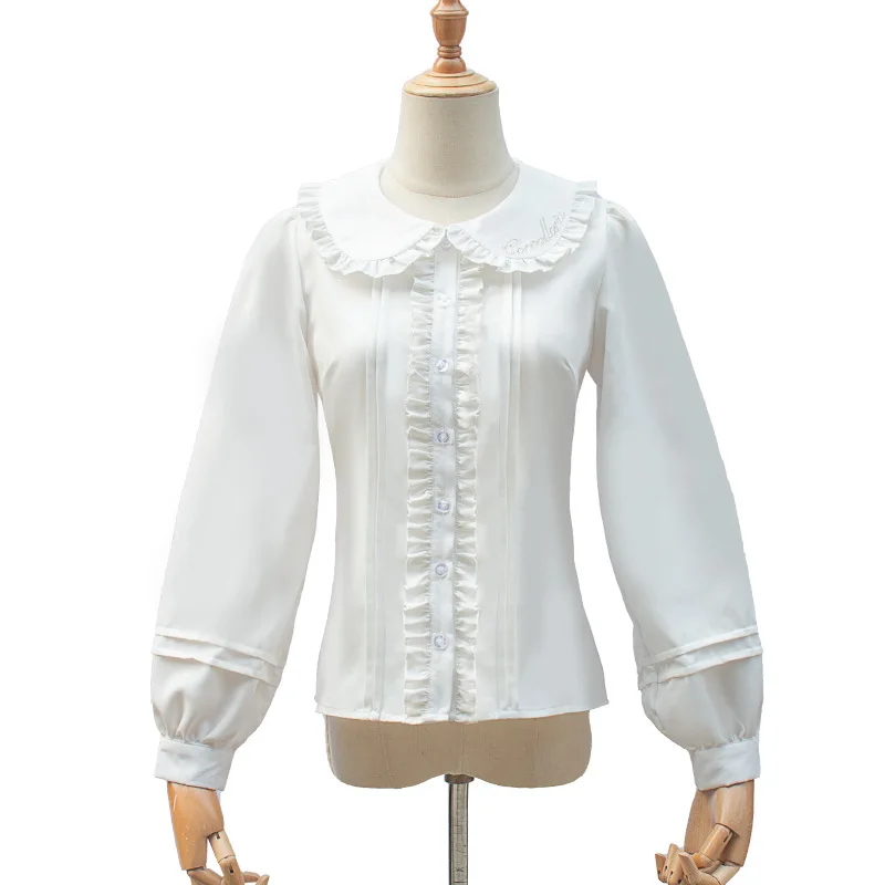 Korean Style White Color Peter Pan Collar Chiffon Long Sleeve Fashion Lady Lolita Cute Shirt Blouse