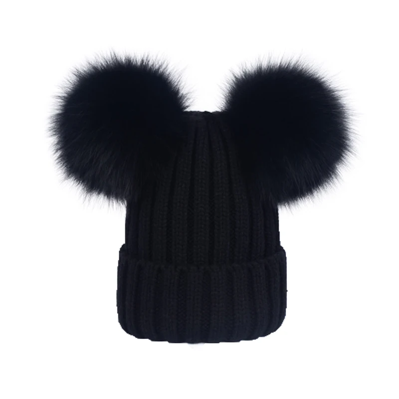 China factory winter beanie racoon fur ball pompom hat double pom hat