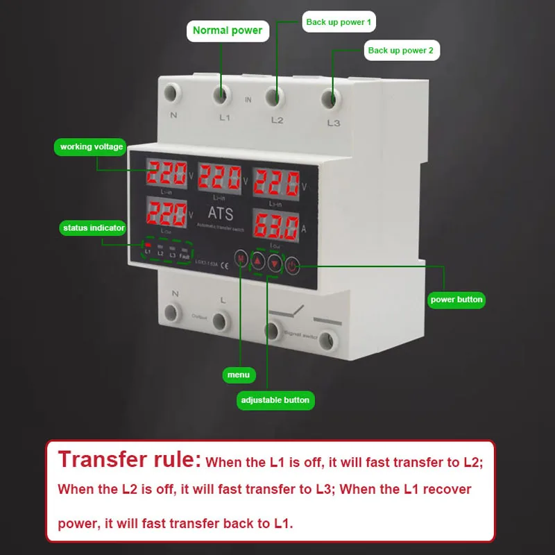 New design 3P over and under voltage protection adjustable ats 220V 63 amp changeover switch price