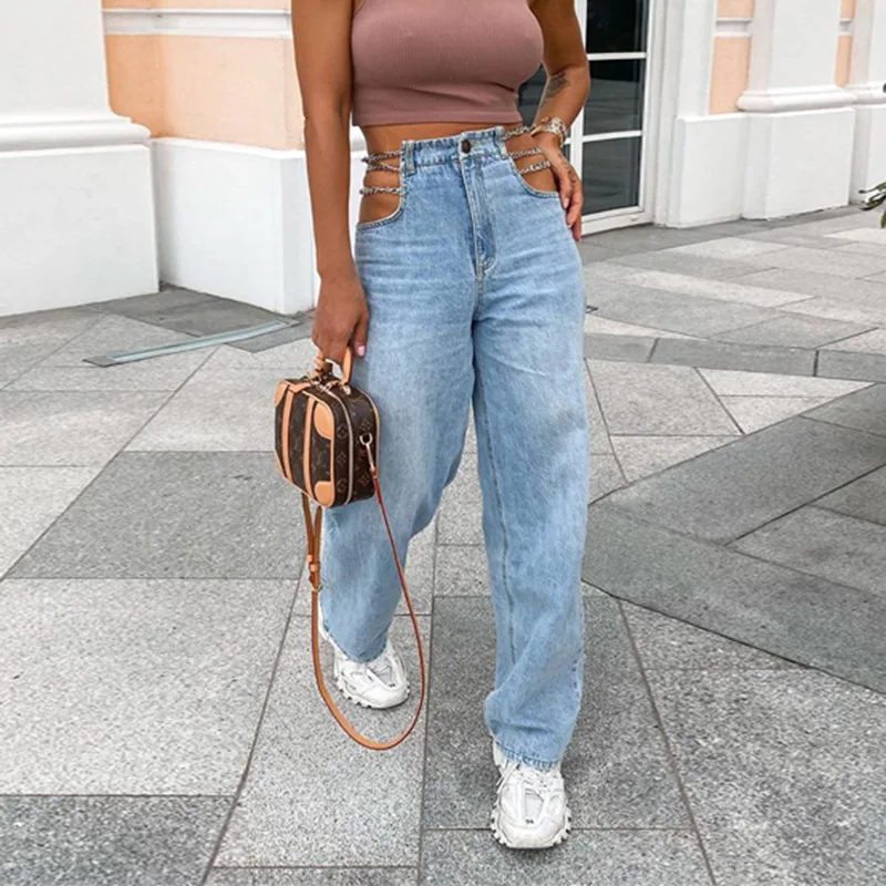 2022 длинные джинсовые брюки с высокой талией джинсы с цепочкой