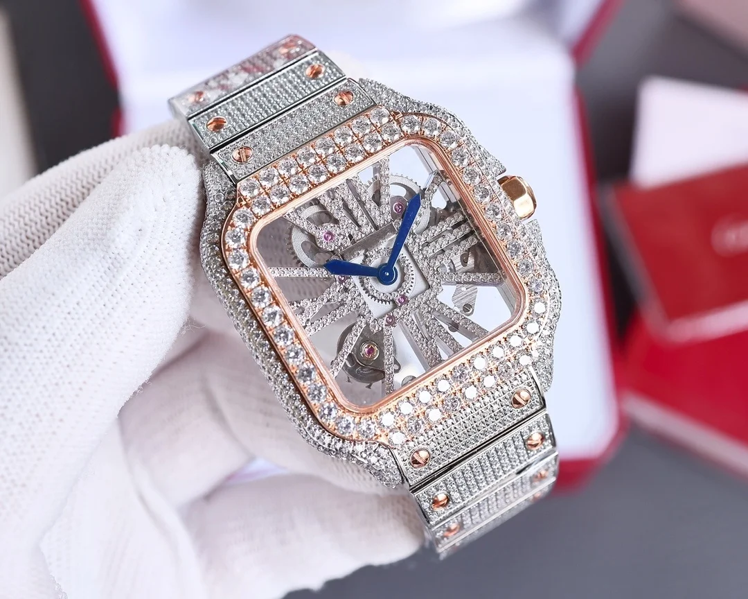 Light Jewelry New Hip Hop Jewelry Iced Out Rhinestones Quartz Watch Stainless Steel Roman Watches 18k Gold Diamond Bezel  Watch