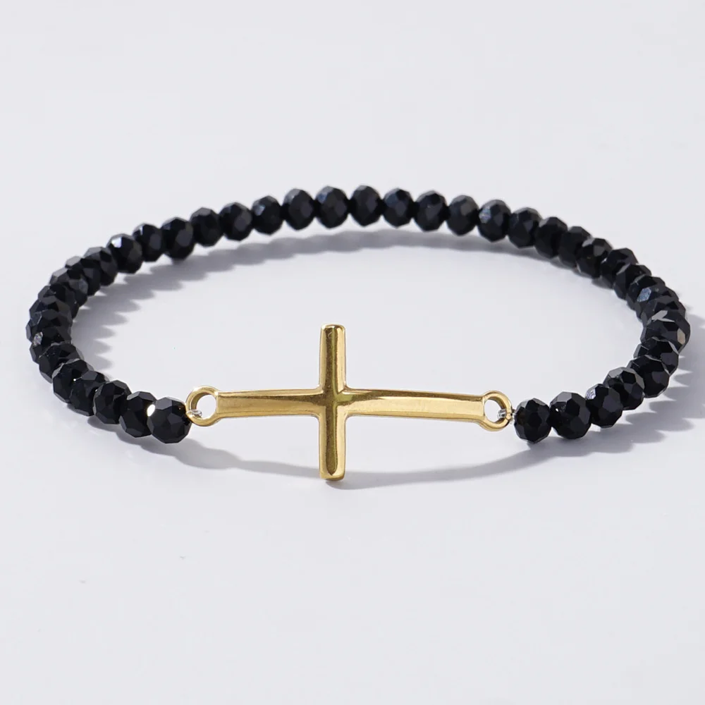 Hot Selling 18K Gold Cross Charm Bracelet Charm Elastic Adjustable Black Crystal Beads Bracelet Bohemian Jewelry