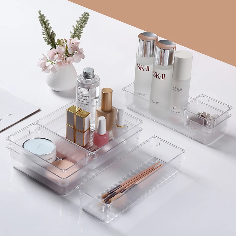 Versatile Clear Storage Box Sets Stackable Desk Storage Bins Plastic Drawer Organizer Trays