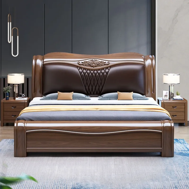 Solid wood bed leather soft bag double bed master bedroom big bedroom furniture suit