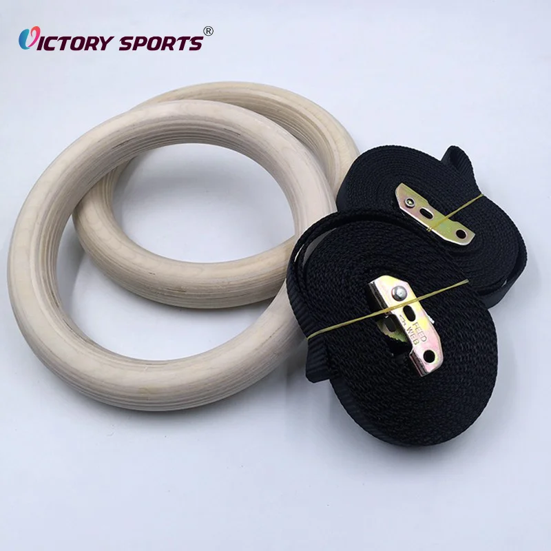 Fitness adjustable digital printed exercise strap wooden gymnastic rings for sale