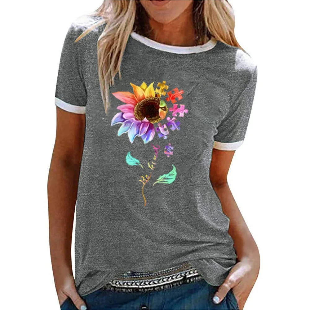 2021 Summer Women Vintage Flower Print Shirts Womens Blouse Short Sleeve T Shirts And Tops Sunflower Shirts