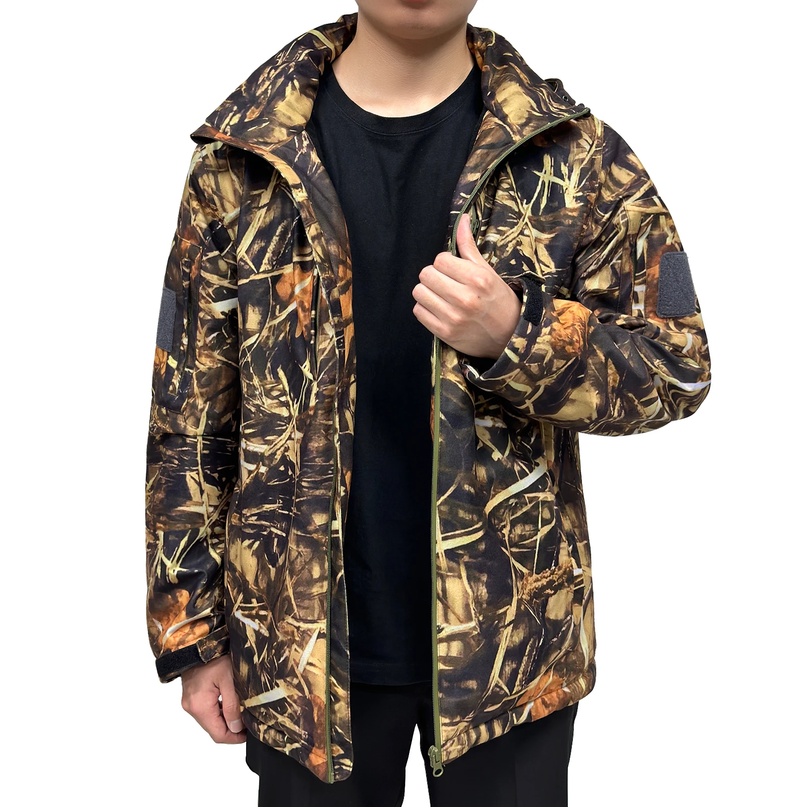 Fleece hunting jacket waterproof fabric rain coat custom soft shell camo outdoor for men winter camouflage hoodies