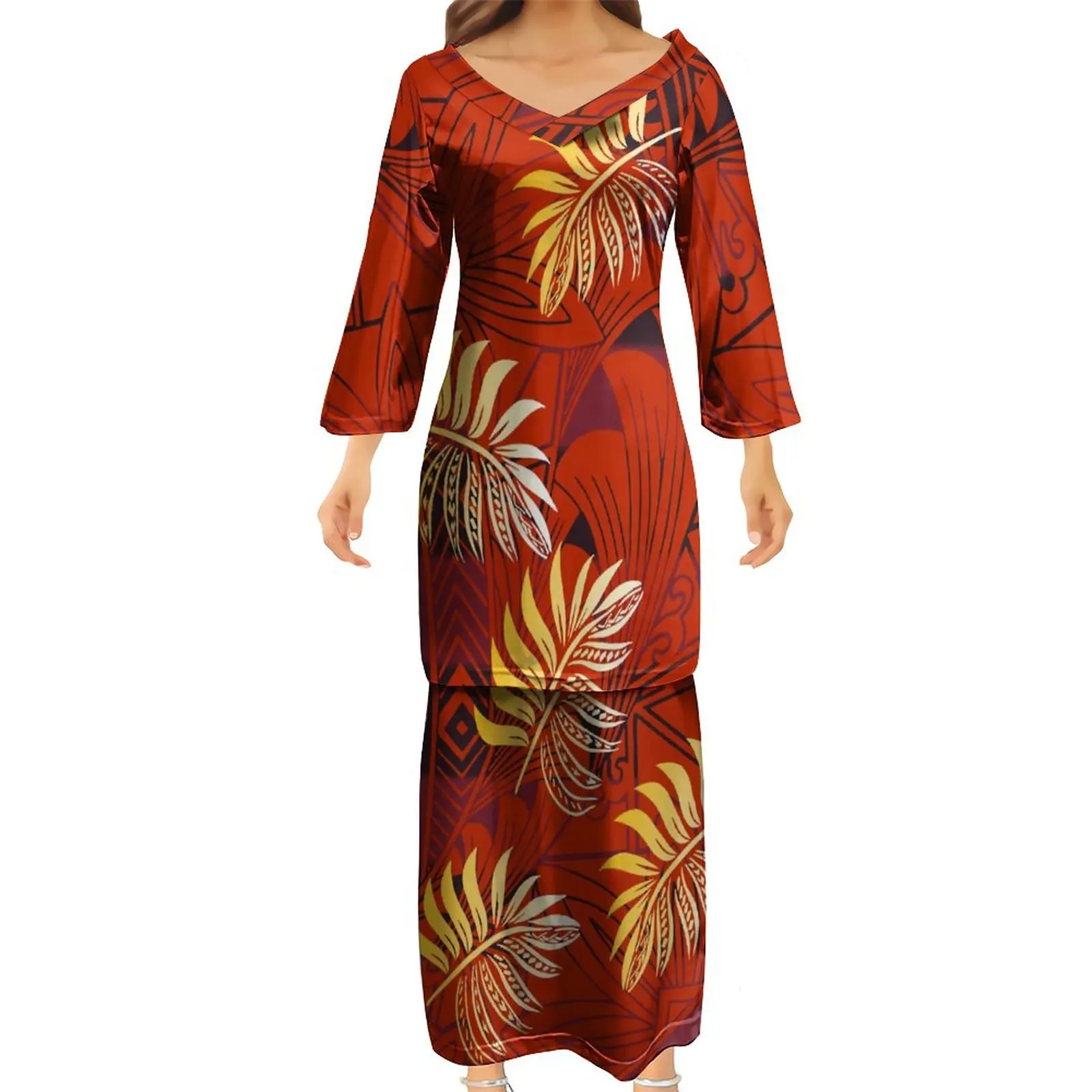 New V-neck puletasi Polynesian Traditional church uniform custom women two piece sets tapa designs Ptaha Pacific Island Clothing