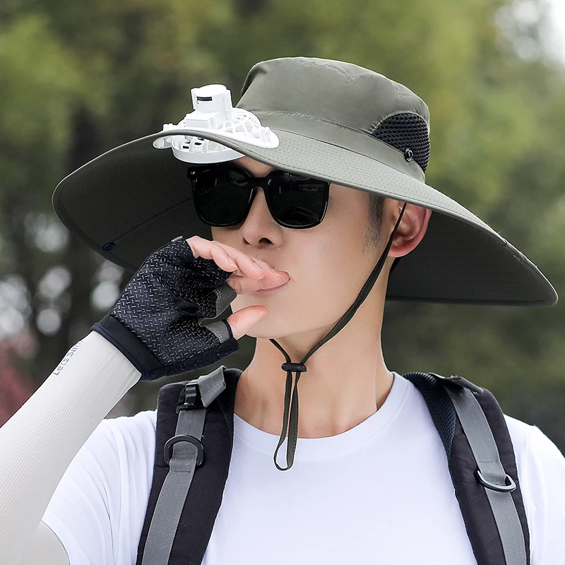 Mens Summer Large Brim Fishing Cowboy Hats Large Brim UV Protection Bucket Hat Outdoor Hiking Breathable Fisherman Hat with Fan