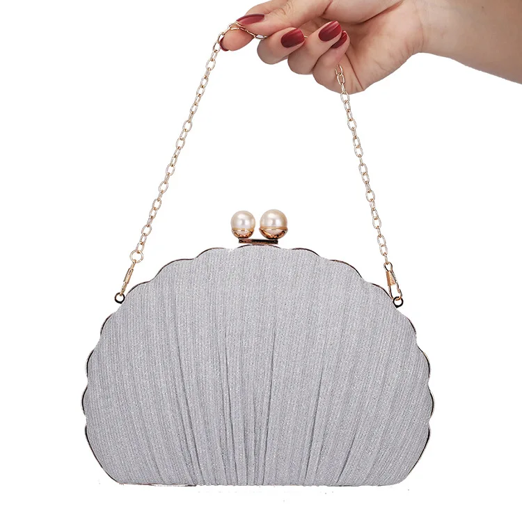 2021 Hot selling Shell shape women satin crystal clutch party wedding purse cluch bag soft evening bags bridal handbag ladies