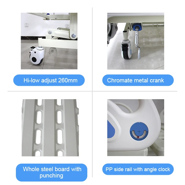 JRAYTON hospital equipment metal three function ICU manual 3 crank patient bed with PP side rail