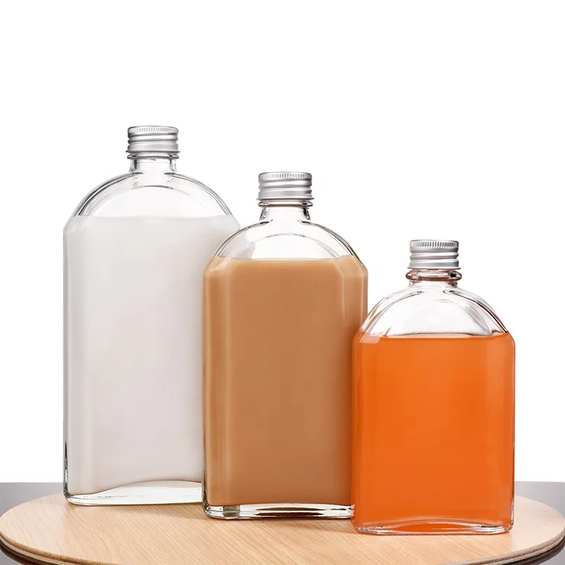 Ru Star Latest Design Transparent Flat Flask Empty Glass Bottle Beverage With Aluminum Cap