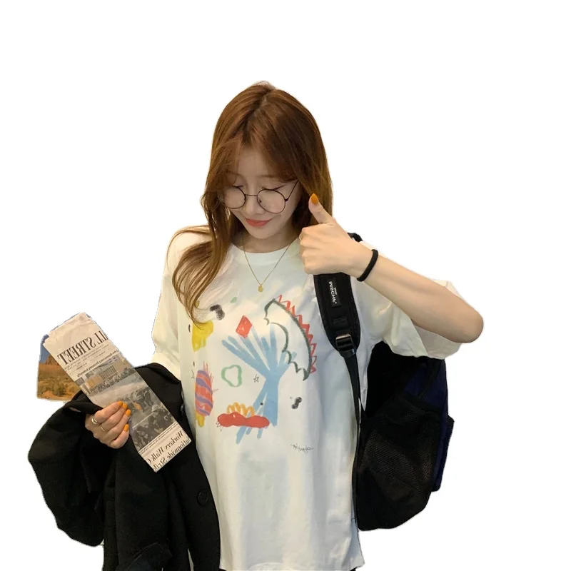 
Summer 2021 new Korean Japanese graffiti print medium and long top loose white bottomed short sleeve T-shirt women 