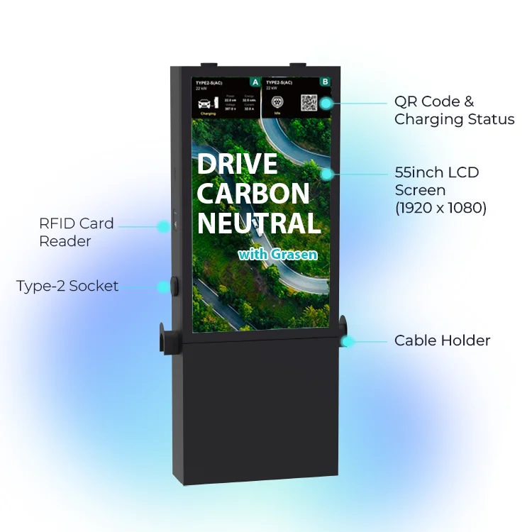 Commercial Parking Lots 55 Inch LCD Advertising Screen EV Charger Station Dual Guns DC Rapid Charging Point With LCD Display