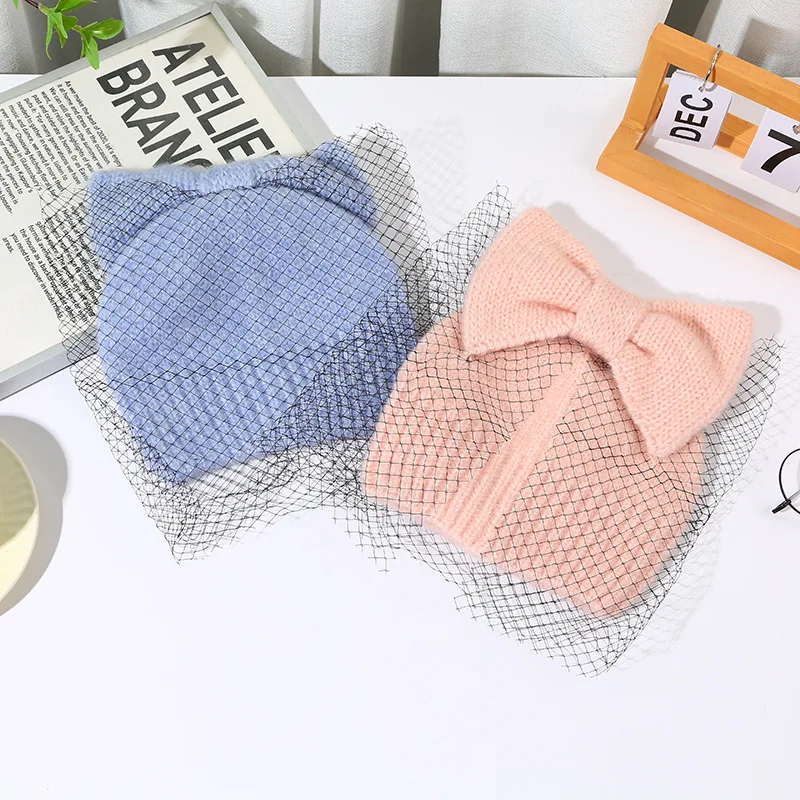 fashion Stylish Warm women acrylic ski custom logo jacquard Bow beanie hat Unisex Skull Thick Soft Ski Beanie with mesh veil