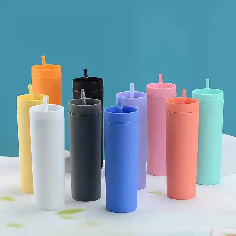 Portable Tumbler Cup Matte Plastic Water Bottle with Reusable Straw and Lid Double Wall Custom Logo Straight Cup