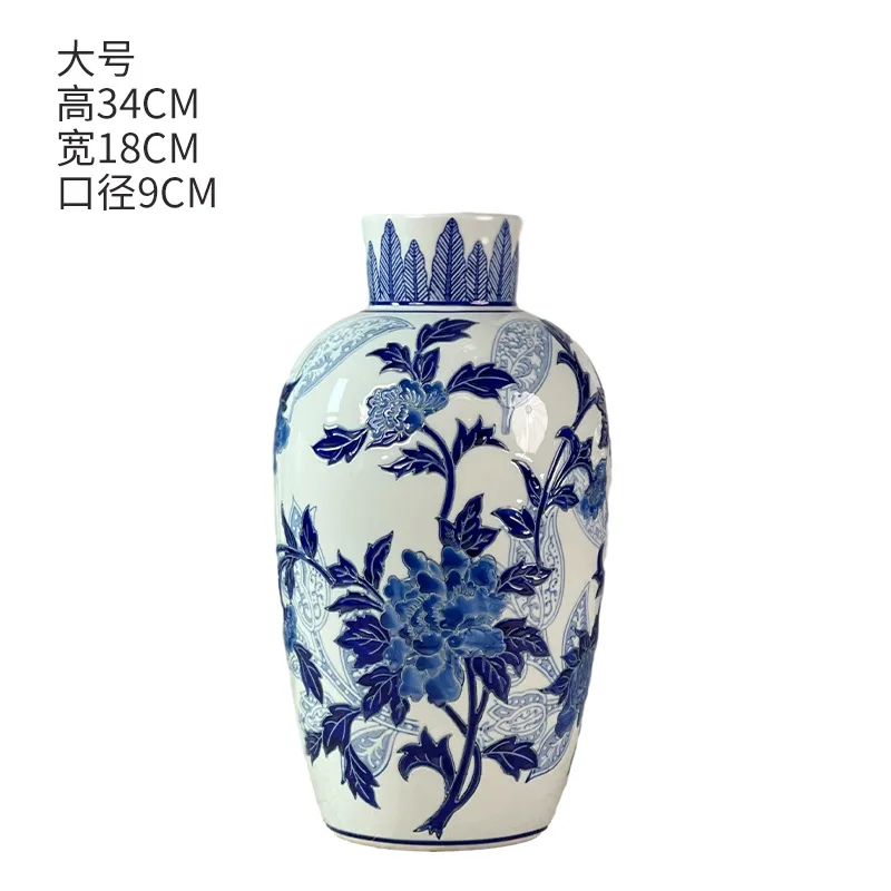 High-Grade Light Luxury Chinese Retro Style Ceramic Vase Blue White Flower Ware Home Use Living Room Dining Table Flower
